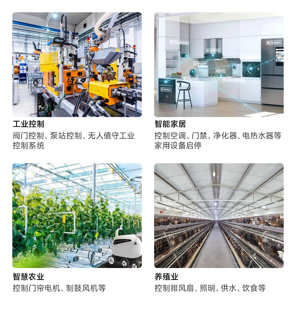 8路以太网带开关输入继电器模块智慧农业解决方案，分别为工业控制、智能家居、智慧农业、养殖业等场景的应用