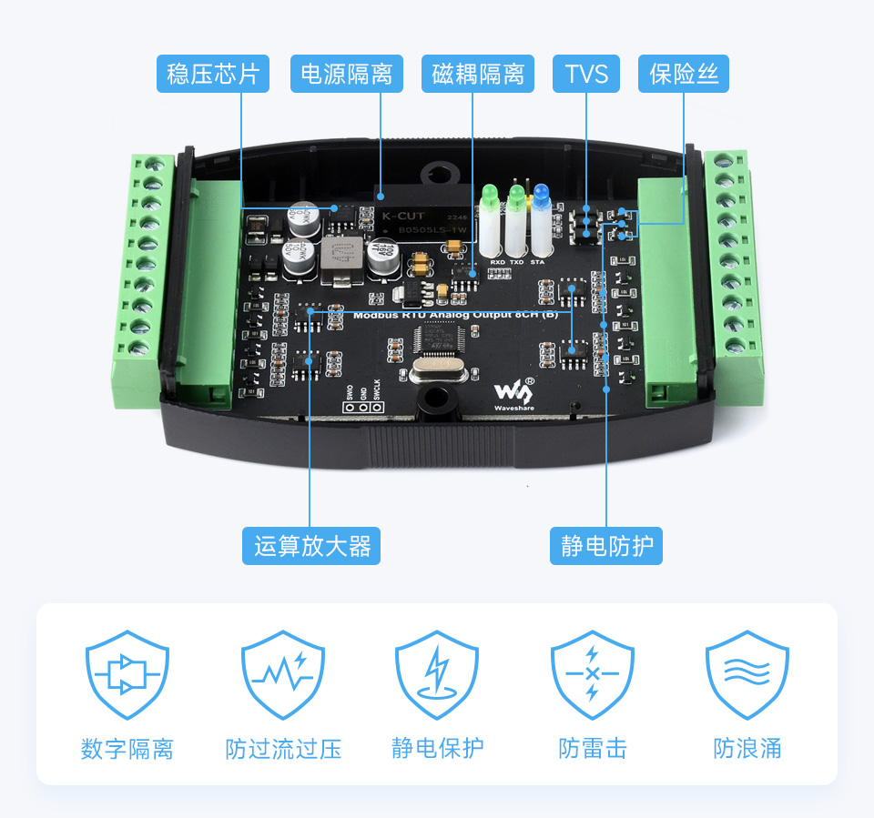 工业级 8 路模拟量输出模块工业隔离保护