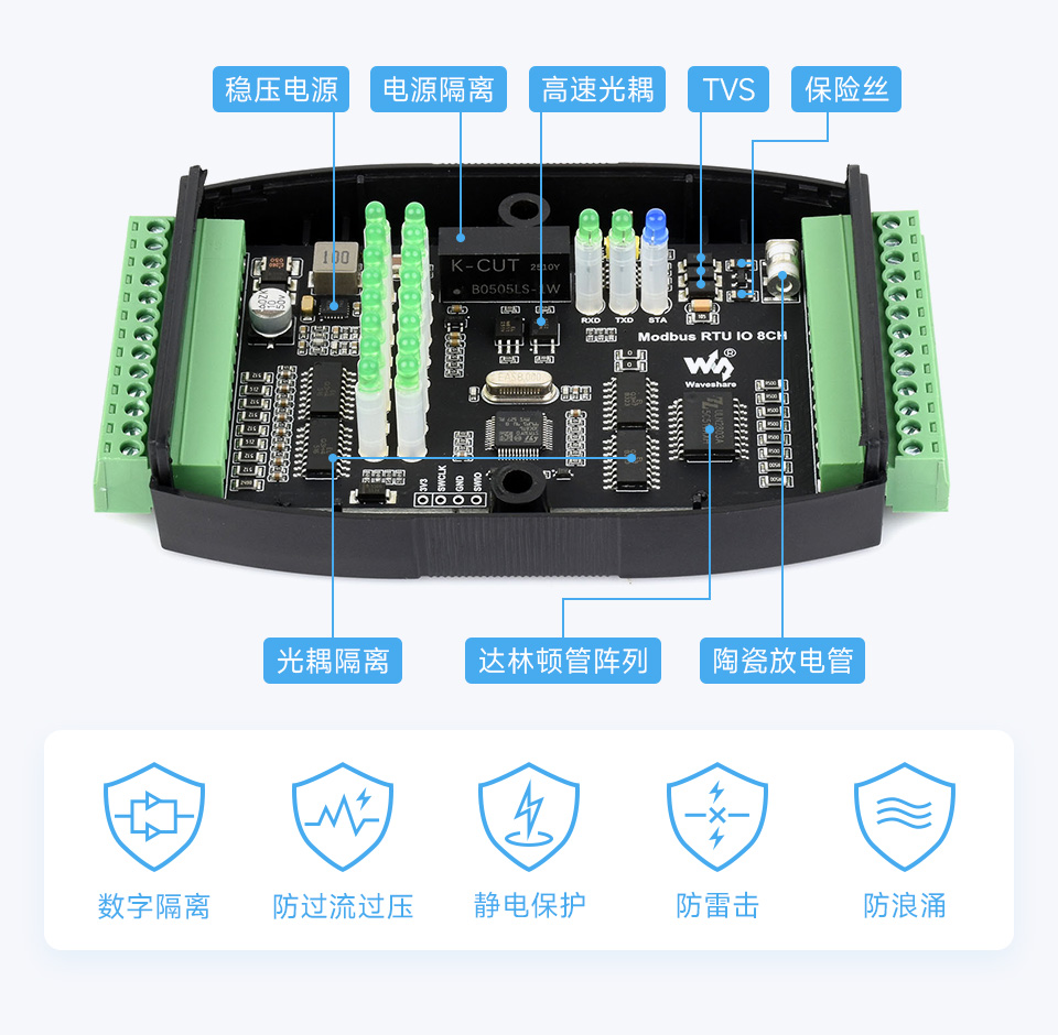工业级 8 路数字量输入输出模块工业隔离保护