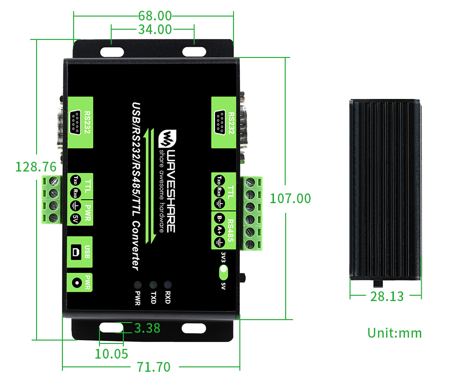 工业级 4 路 USB 集线器产品尺寸
