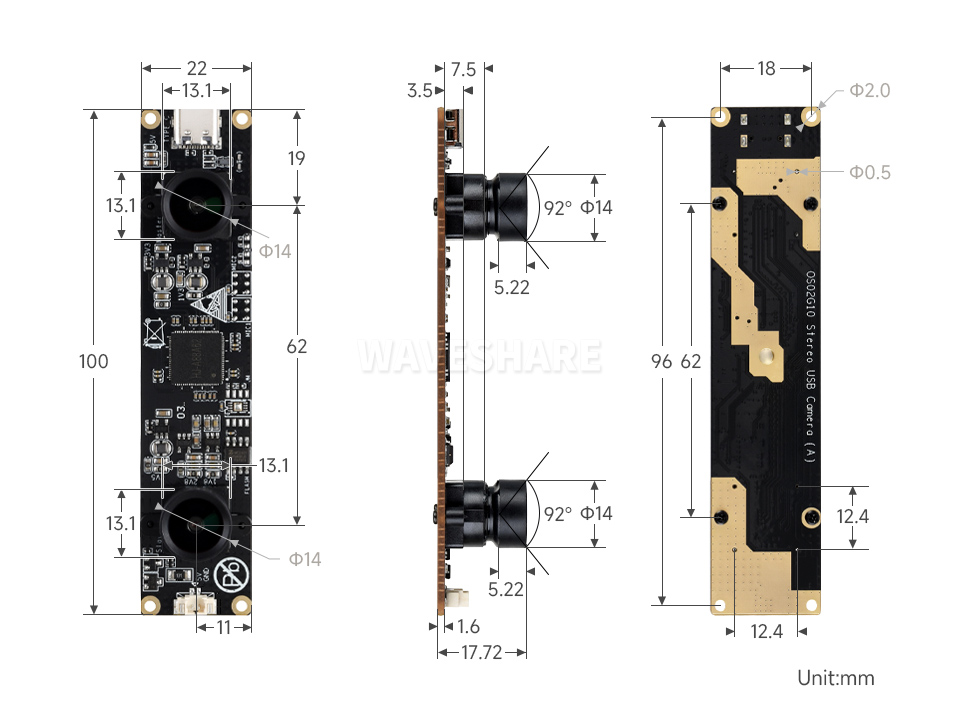 200 万像素双目摄像头模块产品尺寸