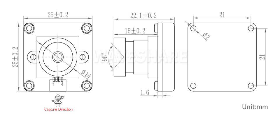 500 万像素 OS05A10 USB 摄像头模块产品尺寸