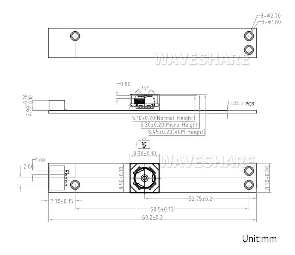 500 万像素摄像头模块外形尺寸