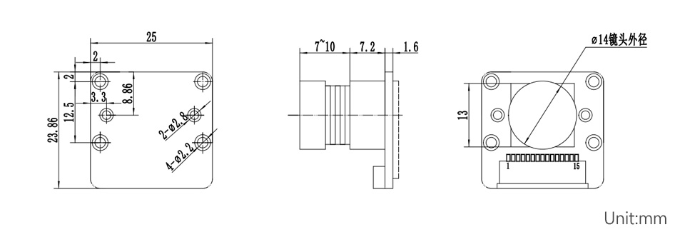 树莓派全局快门黑白摄像头产品尺寸
