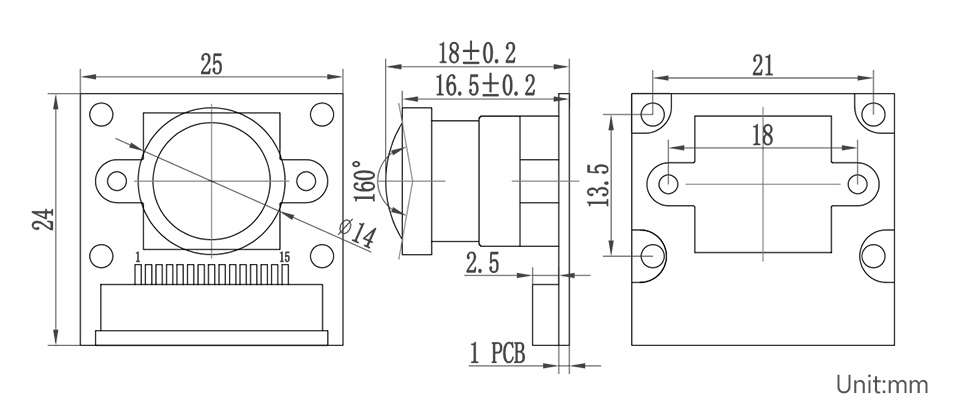 树莓派全局快门黑白摄像头产品尺寸
