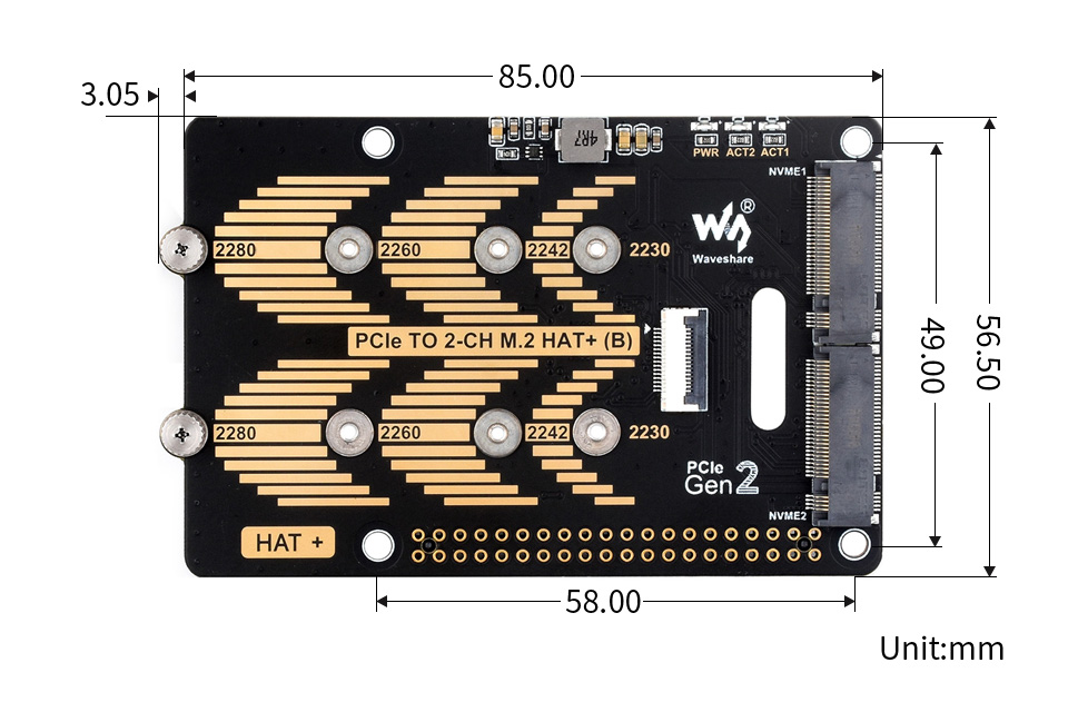 树莓派5 PCIe转双通道M.2转接板产品尺寸