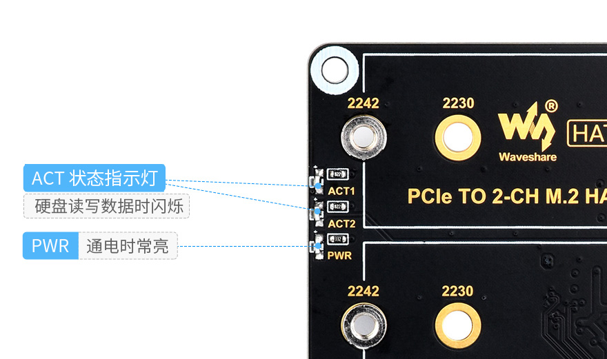 树莓派 5 PCIe 转双通道 M.2 转接板板载双 LED 指示灯