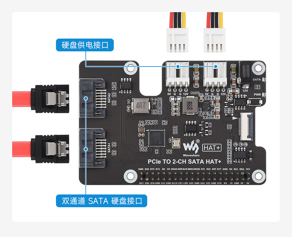 树莓派5 PCIe 转双通道 SATA 扩展板，支持 SATA 硬盘协议