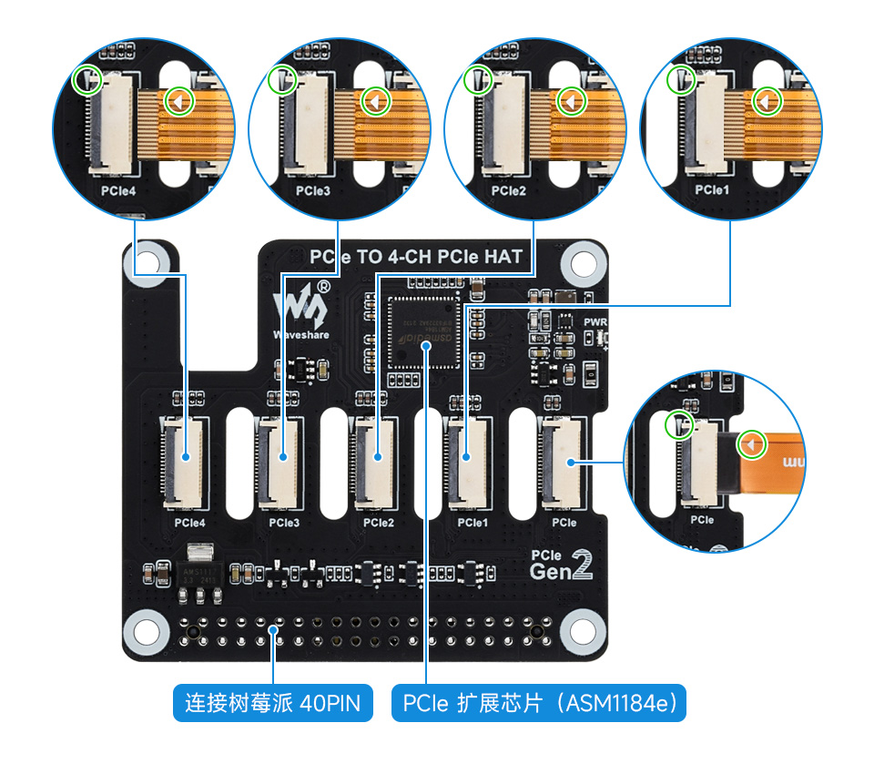 树莓派5 四通道PCIe FFC 扩展板接线方式，板载资源介绍
