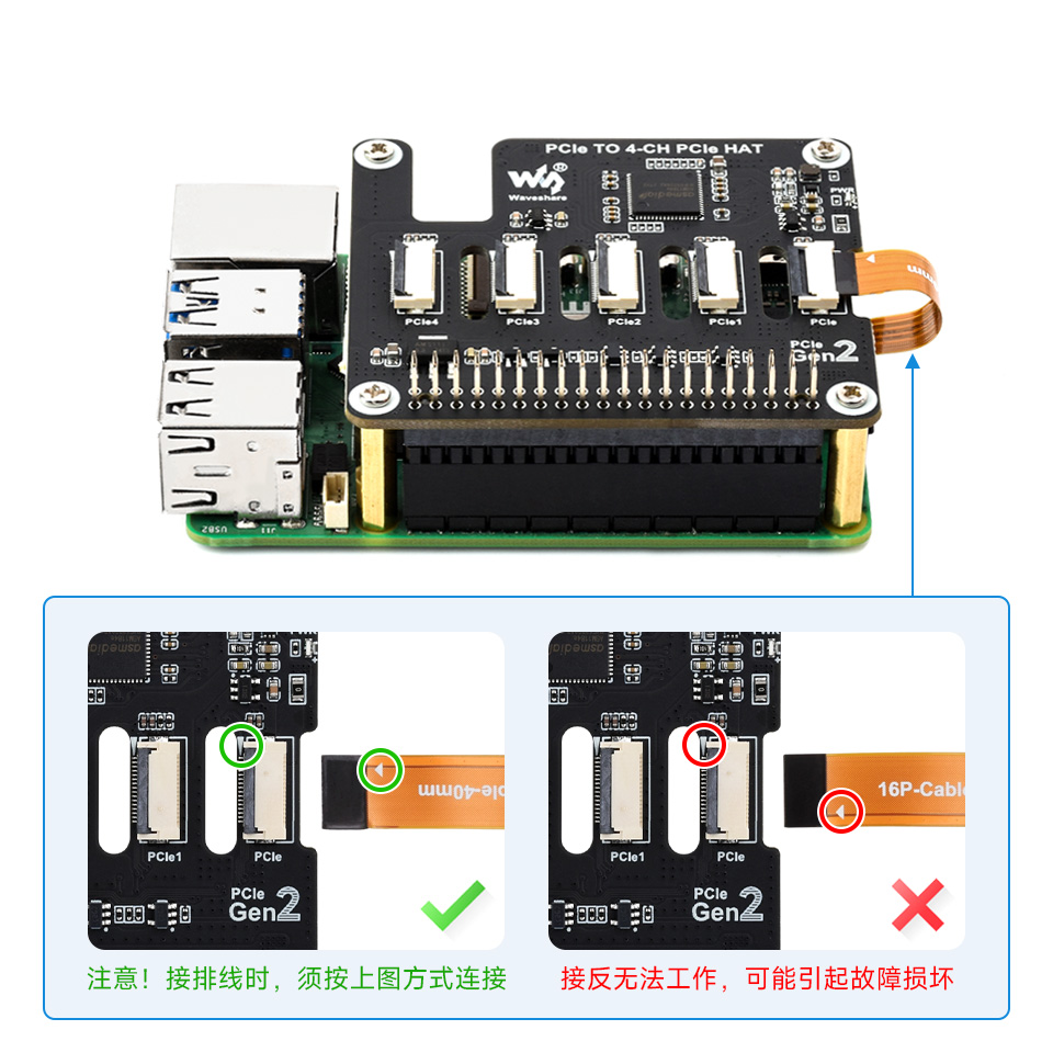 树莓派5 四通道PCIe FFC 扩展板可通过16PIN排线接入PI5，以及分别介绍了排线如何接入产品接口当中
