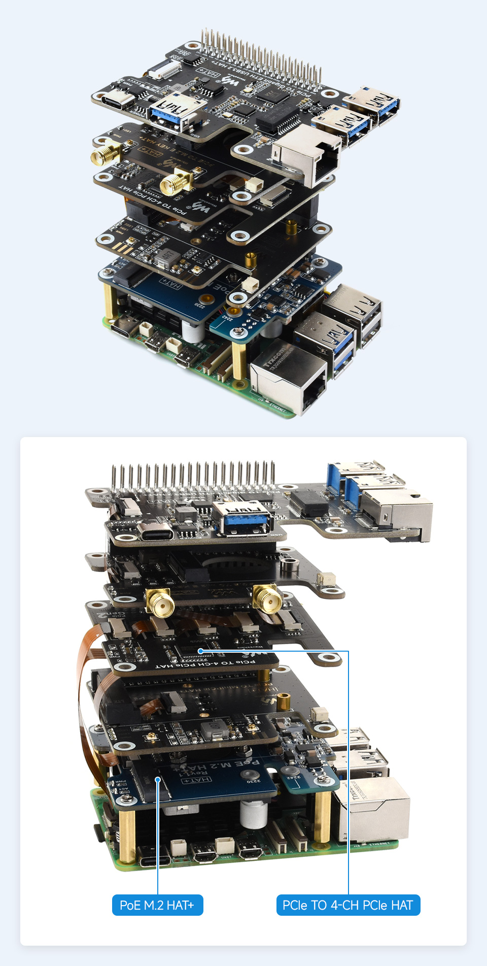 树莓派5 四通道PCIe FFC 扩展板可轻松叠加多种 PCIe HAT 模块