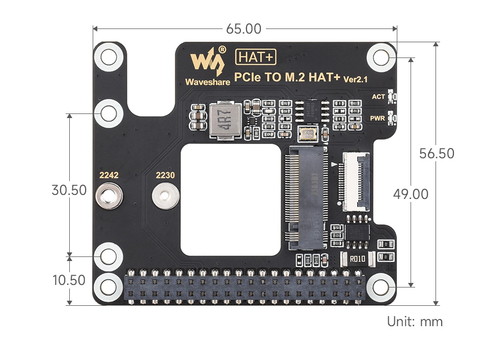 树莓派 5 PCIe 转 M.2 转接板产品尺寸