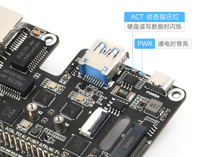 PCIe-TO-M.2-USB-ETH-HAT+ 板载双 LED 指示灯