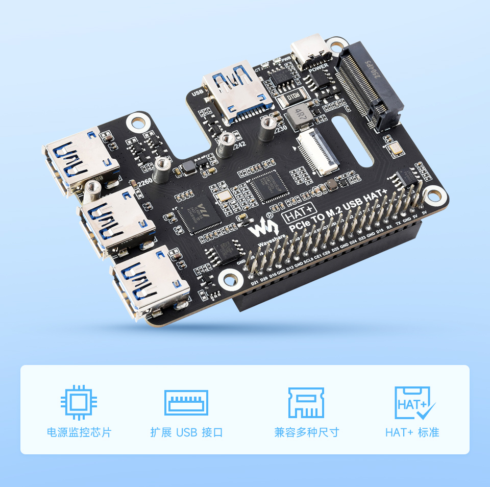 PCIe-TO-M.2-USB-HAT+ 背景蓝色主图