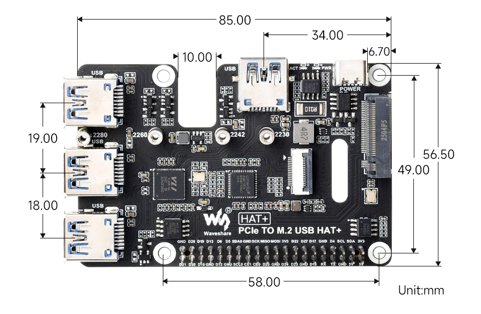 PCIe-TO-M.2-USB-HAT+ 产品尺寸