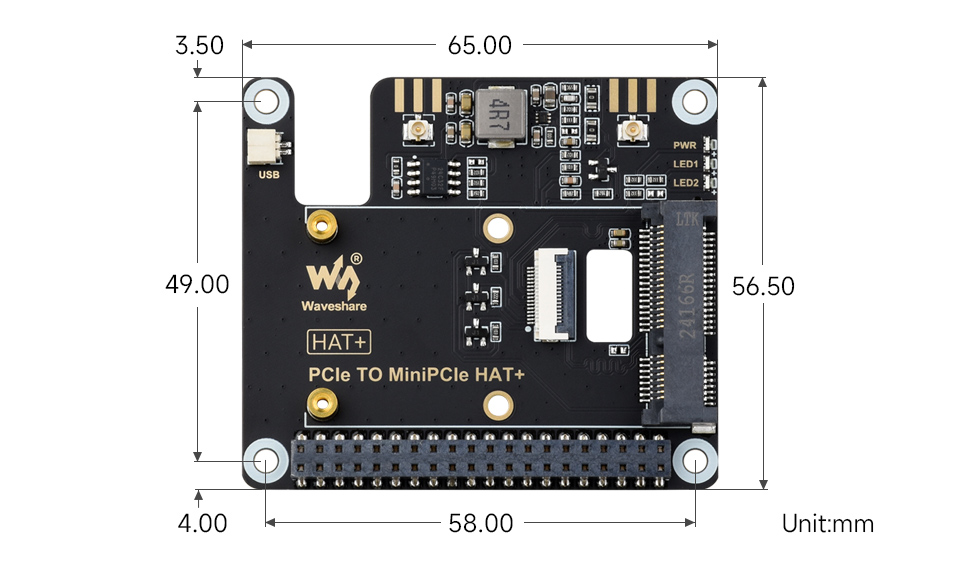 PCIe-TO-M.2-USB-HAT+ 产品尺寸