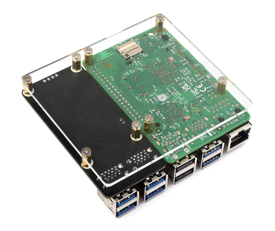 树莓派5转四口USB3.2扩展卡亚克力底板固定演示，亚克力底板装在底部