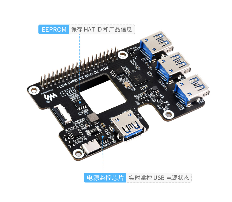 树莓派 5 PCIe 转 USB 3.2 Gen1 扩展卡板载电源监控芯片和 EEPROM