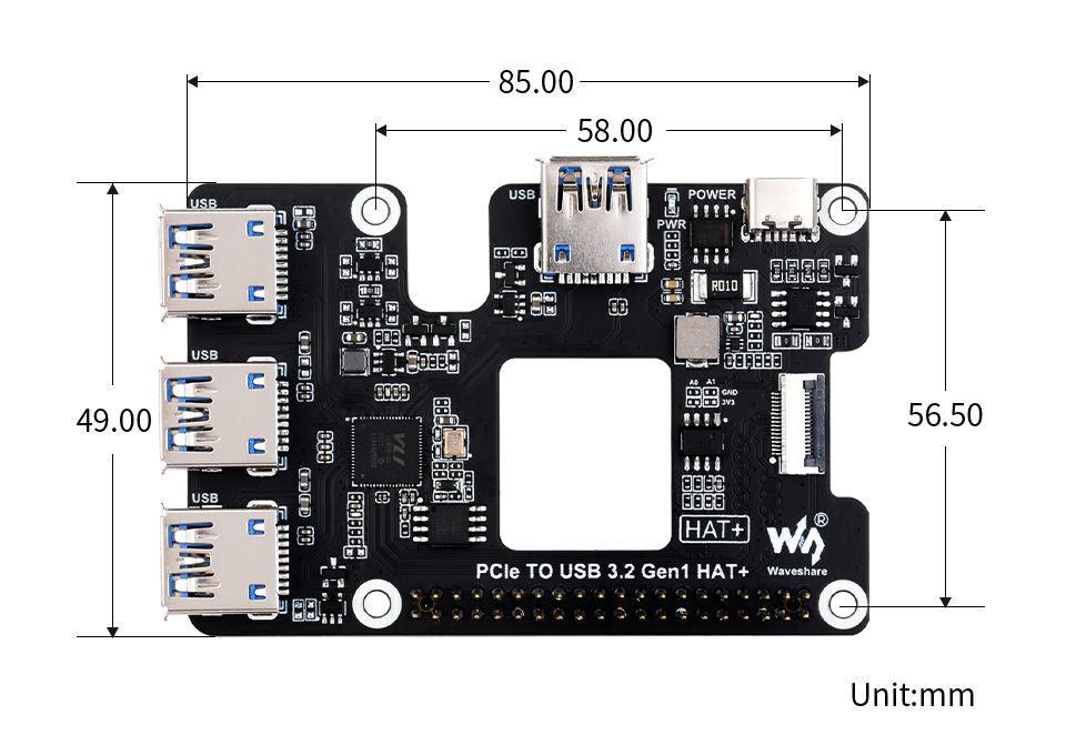 树莓派 5 PCIe 转 USB 3.2 Gen1 扩展卡产品尺寸