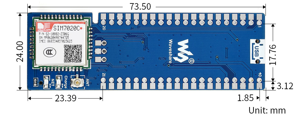 树莓派 Pico NB-IoT 扩展板产品尺寸
