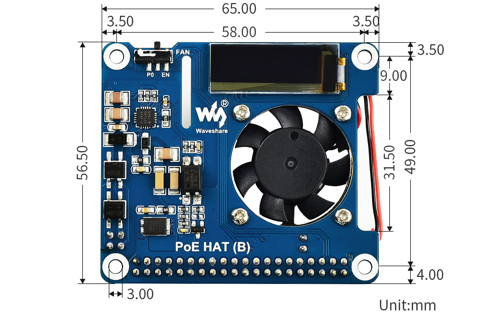 POE-HAT树莓派以太网供电扩展板外形尺寸