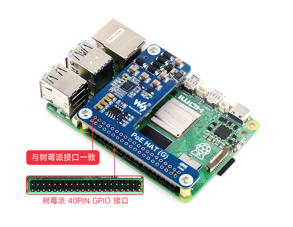 树莓派 5 以太网PoE供电扩展板安装在树莓派5上，接入树莓派40PIN GPIO接口，不占空间