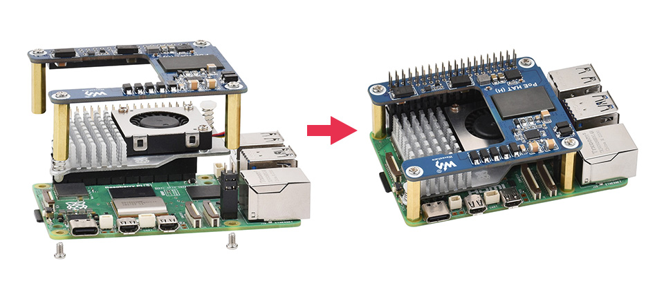 介绍如何安装树莓派5以太网PoE供电扩展板到树莓派5官方外壳