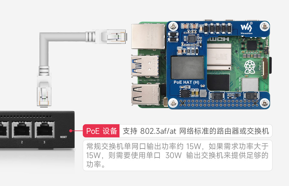 树莓派 5 以太网PoE供电扩展板接入PoE设备，实现网线供电
