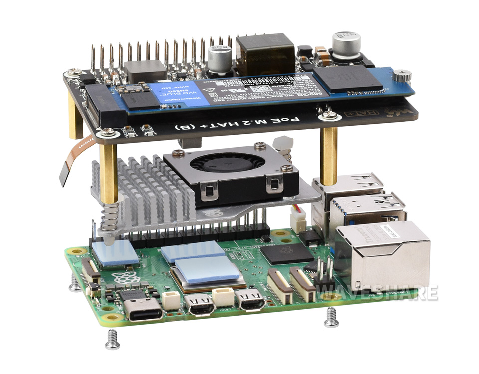 树莓派5 PCIe 转 M.2 扩展板，小巧一体式散热，适用的硬盘接口，包括M key和B&M Key