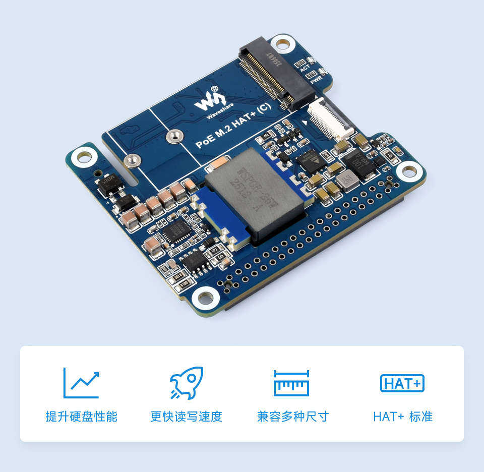 树莓派5 PCIe 转 M.2 扩展板，小巧一体式散热蓝底主图
