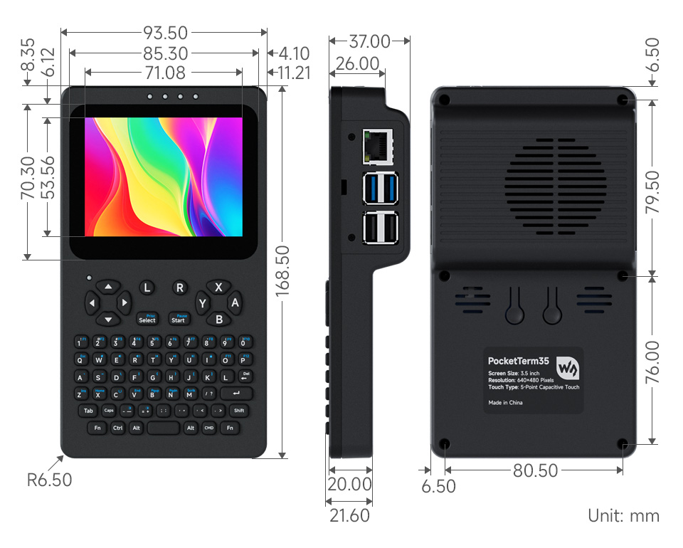 PocketTerm35 的详细尺寸展示，尺寸为 93.5 x 168.5 x 37 (mm)