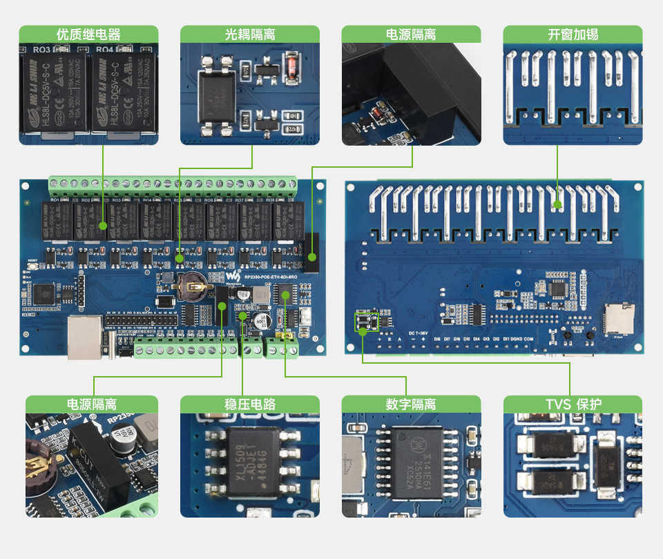 RP2350 工控板 工业级 8 路网络继电器板载多种隔离保护电路