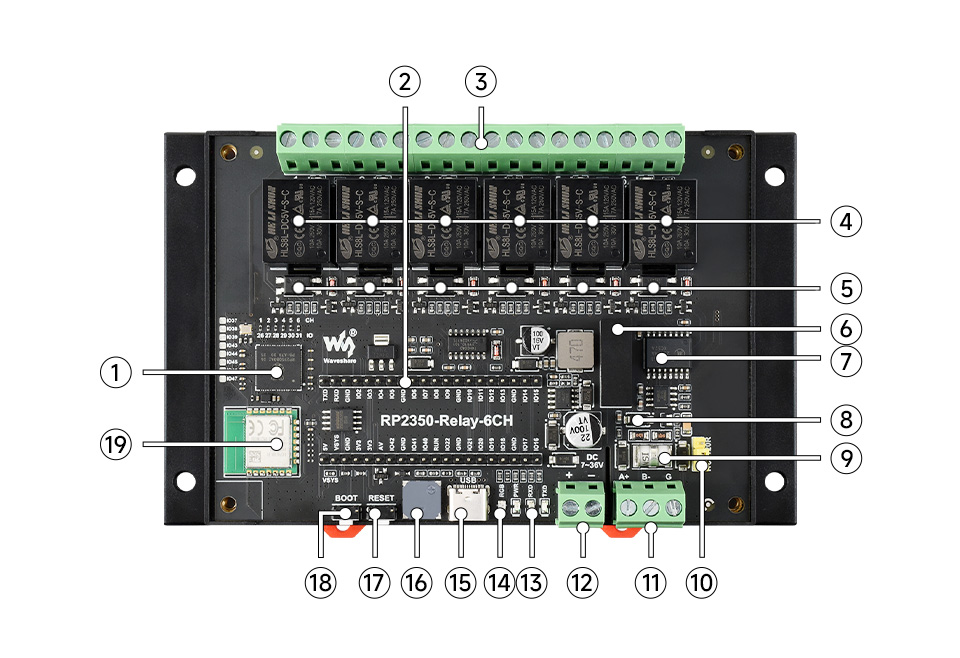 RP2350 工控板 工业级 6 路 WiFi 网络继电器资源简介