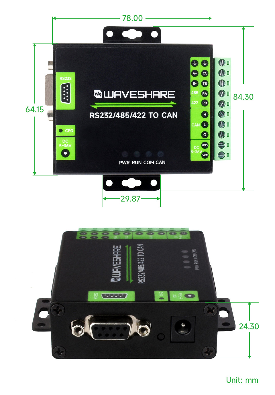 RS232/485/422 转 CAN 工业级隔离型转换器产品尺寸