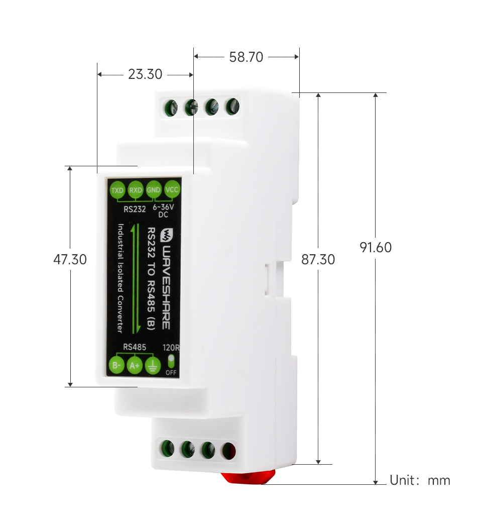 导轨式RS232转RS485有源数字隔离型串口转换器产品尺寸