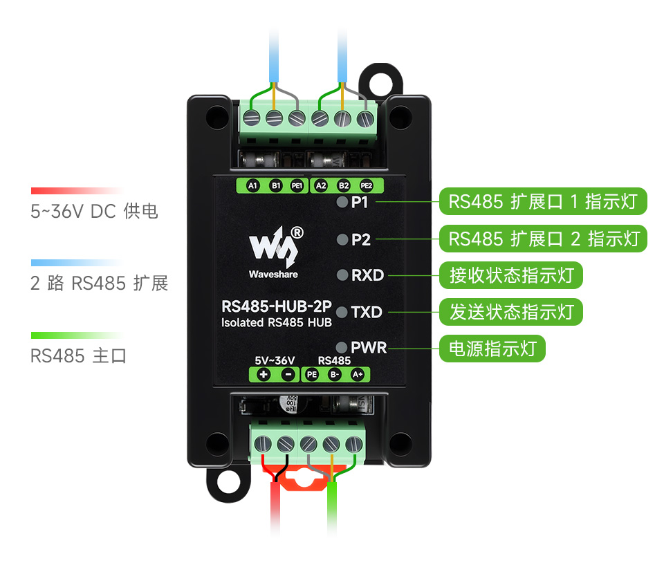 隔离型 2 路 RS485 集线器中继器接口简介