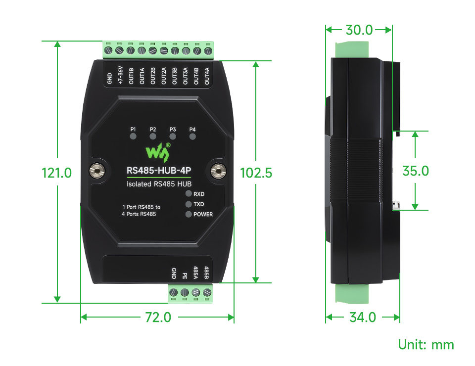 隔离型 4 路 RS485 集线器中继器产品尺寸
