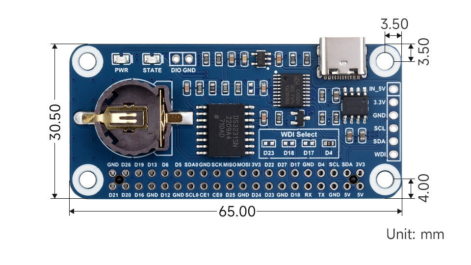 树莓派 RTC 看门狗扩展板产品尺寸