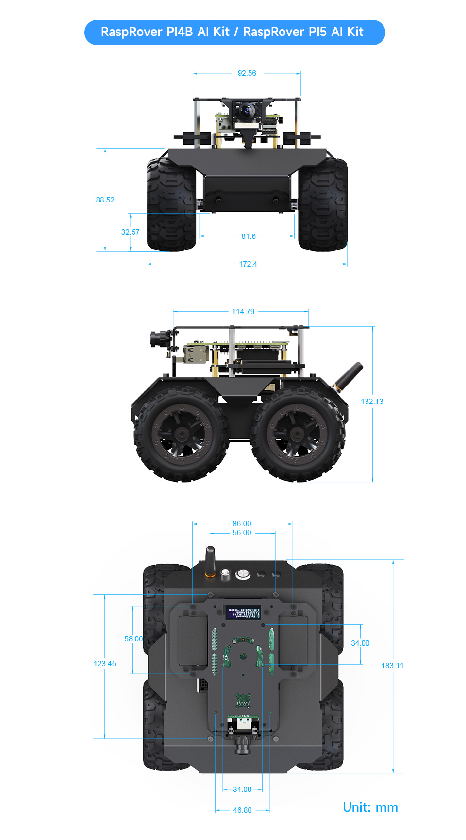 RaspRover AI 机器人产品尺寸