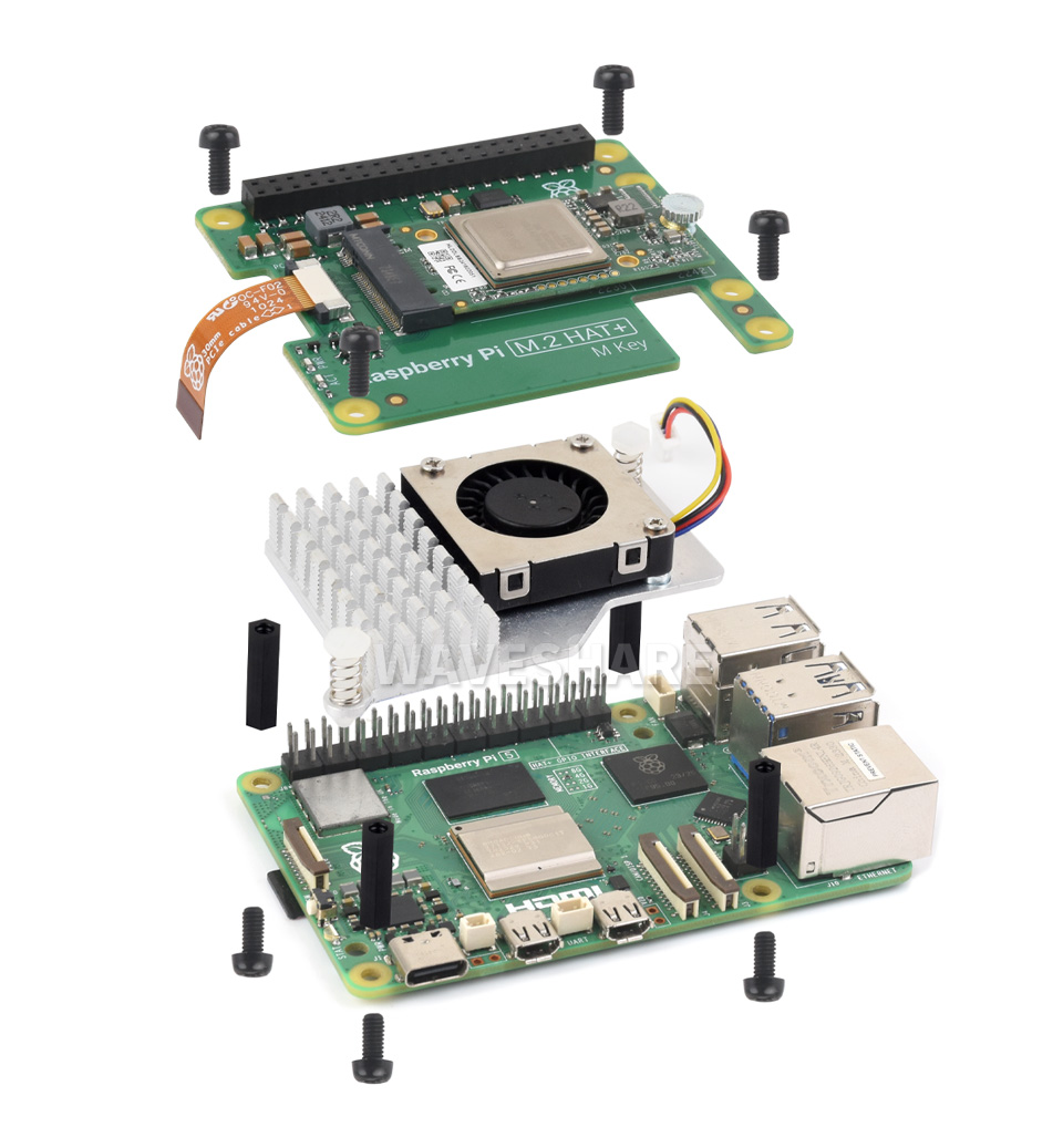 Raspberry Pi AI Kit套件带风扇安装方式爆炸图
