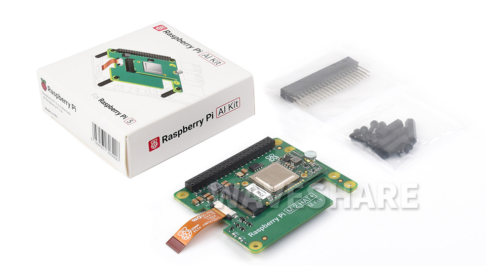 Raspberry Pi AI Kit套件配置清单，白色包装盒，Raspberry Pi M.2 HAT+