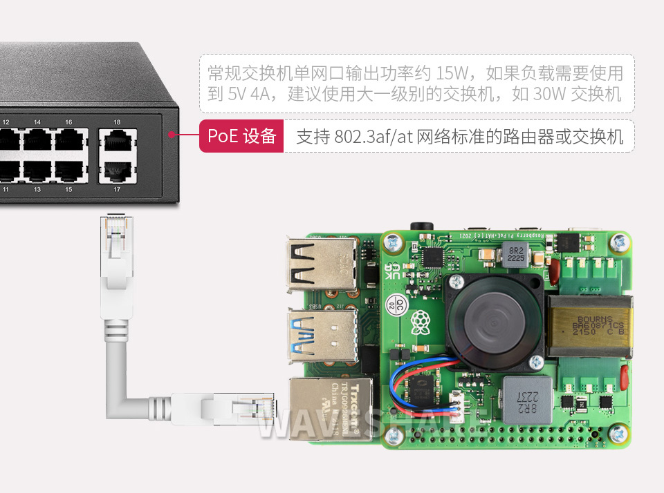 树莓派原装 PoE+ HAT 扩展板支持 PoE 以太网供电