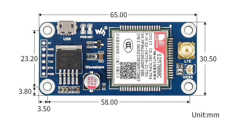 树莓派 SIM7000C 扩展板产品尺寸