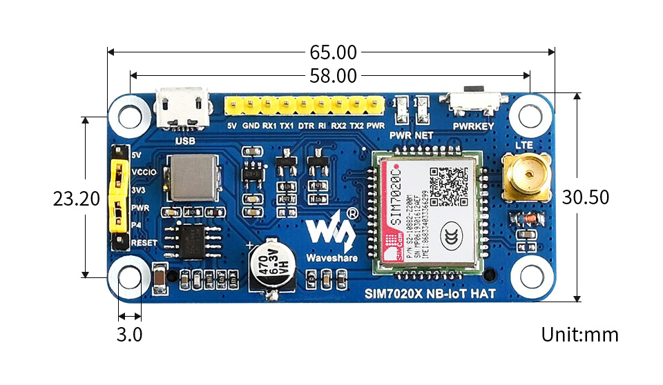 树莓派NB-IoT/Cat-M/GPRS/GNSS扩展板外形尺寸