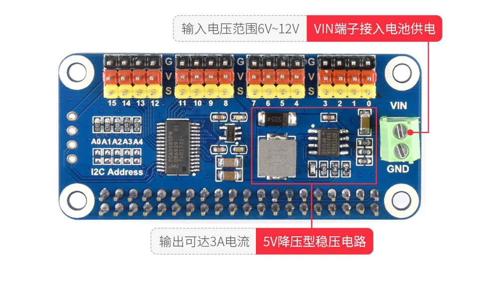Servo-Driver-HAT舵机驱动板 弯排针版支持的接口