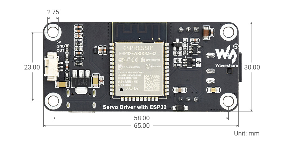 ESP32 舵机驱动扩展板产品尺寸