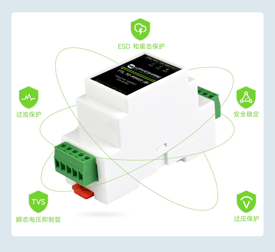 导轨式 TTL 转 RS422 电气隔离型串口转换器多重保护