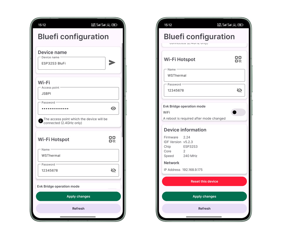 ESP32-S3 红外热成像模组 APP 蓝牙连接界面，软件控制参数