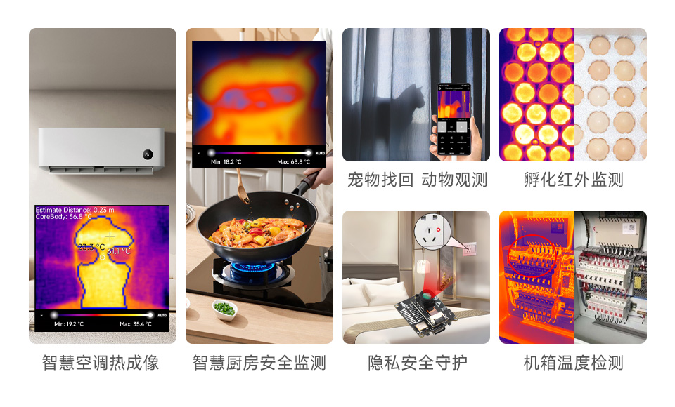 应用场景：智慧空调热成像、智慧厨房安全监测、宠物找回、动物观测、隐私安全守护、孵化红外监测、机箱温度监测