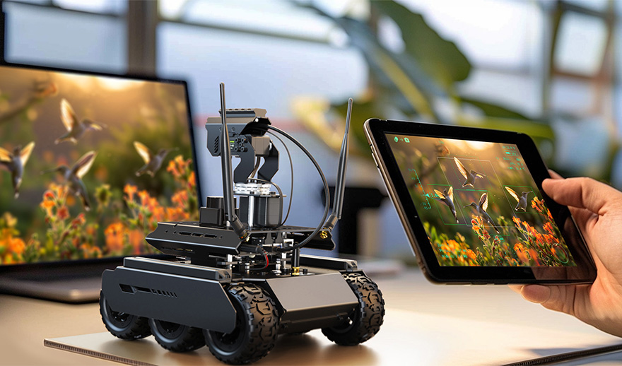 UGV Rover PT AI 机器人，六轮四驱开源移动机器人在野外复杂的地形中行使